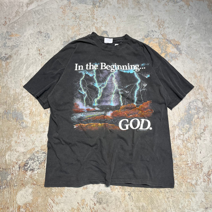 古着 USA製 80's~ ヘインズ/"In the Beginning GoD"/Genesis 1:1聖書
/イエス キリスト/グラフィックアート/ヴィンテージ シングルステッチ Tシャツ/サイズXL相当