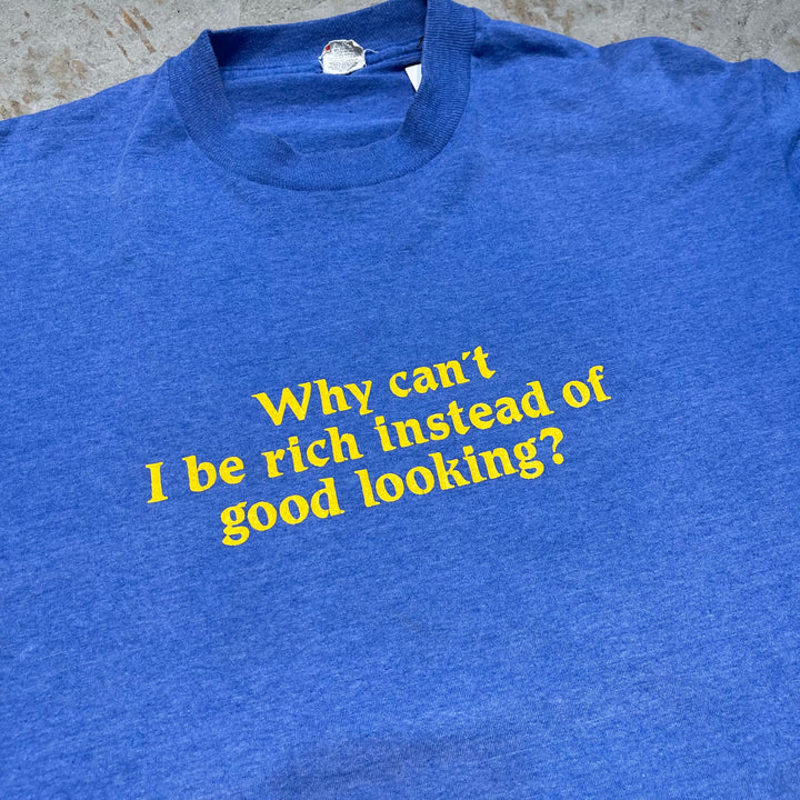 중고 의류 80 년대 미국은 스크린 스타를 만들었습니다 / 내가 좋아 보이지만 왜 부자가 될 수 없습니까? / 빈티지 싱글 스티치 문자 인쇄 티셔츠 / 크기 XL