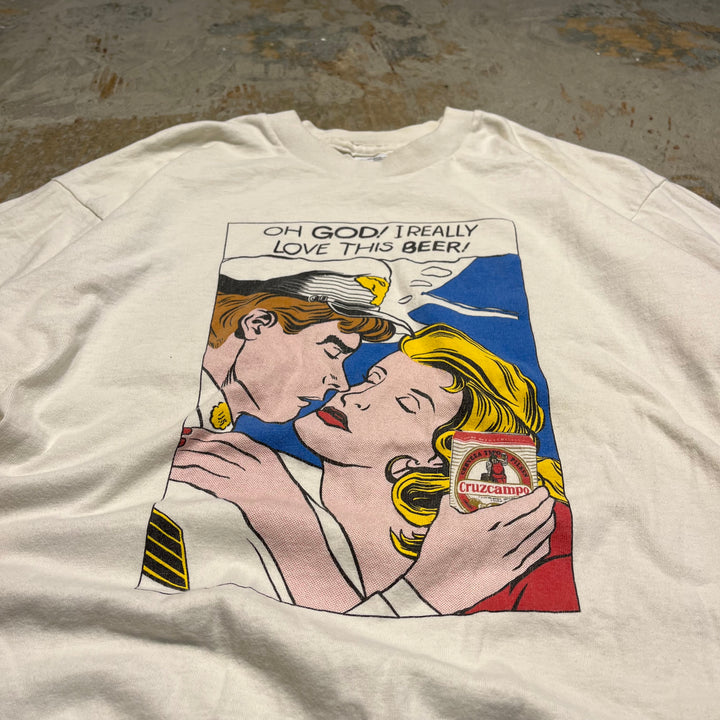 중고 의류 90 년대 미국 만든 스크린 스타 / 크루즈 캄포 맥주 / 오 신! 나는이 맥주를 정말 좋아한다! / 빈티지 단일 스티치 인쇄 티셔츠 / 크기 l