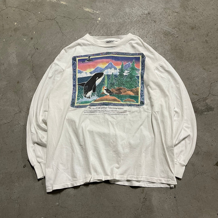 古着 ONEITA/オニータ /人生の喜びは生きた水から湧き出ます ジム・モーモス 私書箱831 シングルステッチ 長袖Tシャツ サイズXL