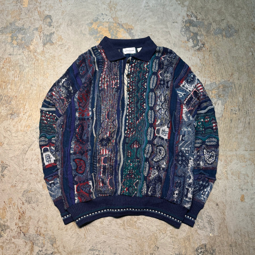 古着 USAVINTAGE/ ハーフボタン/ 3Dニットセーター/ 総柄/ サイズXL