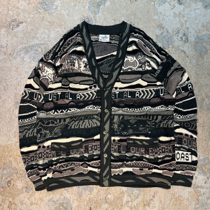 古着 90's CUGGI/グージー/Vネックニットカーディガン/3Dニット/総柄/サイズL