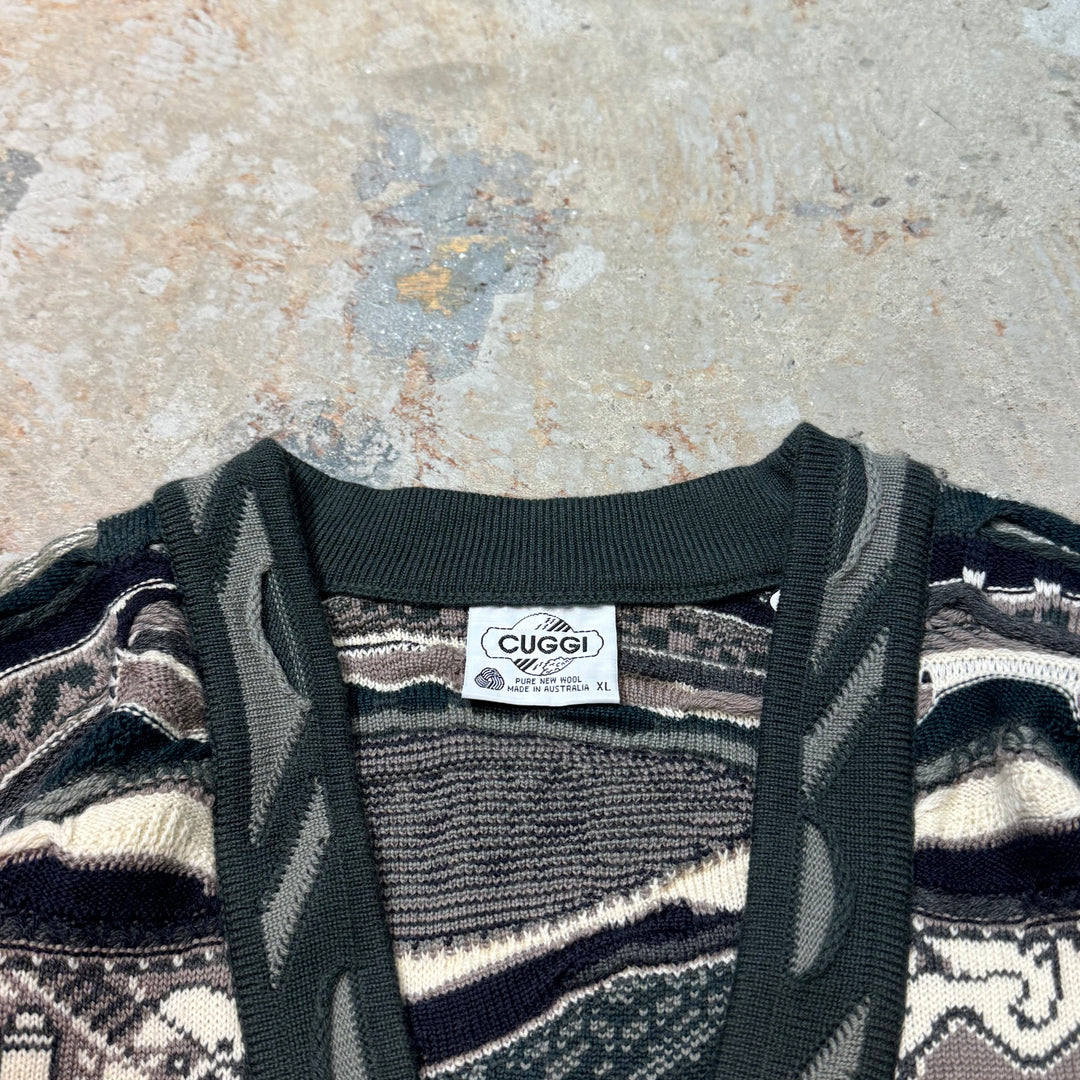 古着 90's CUGGI/グージー/Vネックニットカーディガン/3Dニット/総柄/サイズL