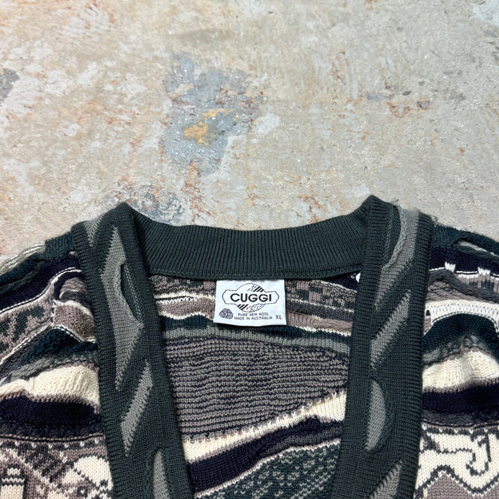 古着 90's CUGGI/グージー/Vネックニットカーディガン/3Dニット/総柄/サイズL
