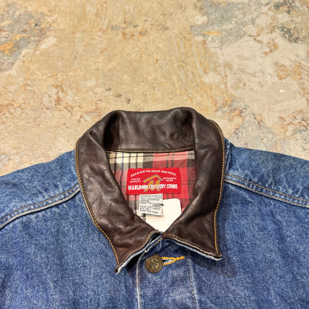二手衣MARLBORO COUNTRY STORE/万宝路乡村商店/牛仔夹克/牛仔服/领子皮革/衬里检查/尺寸L