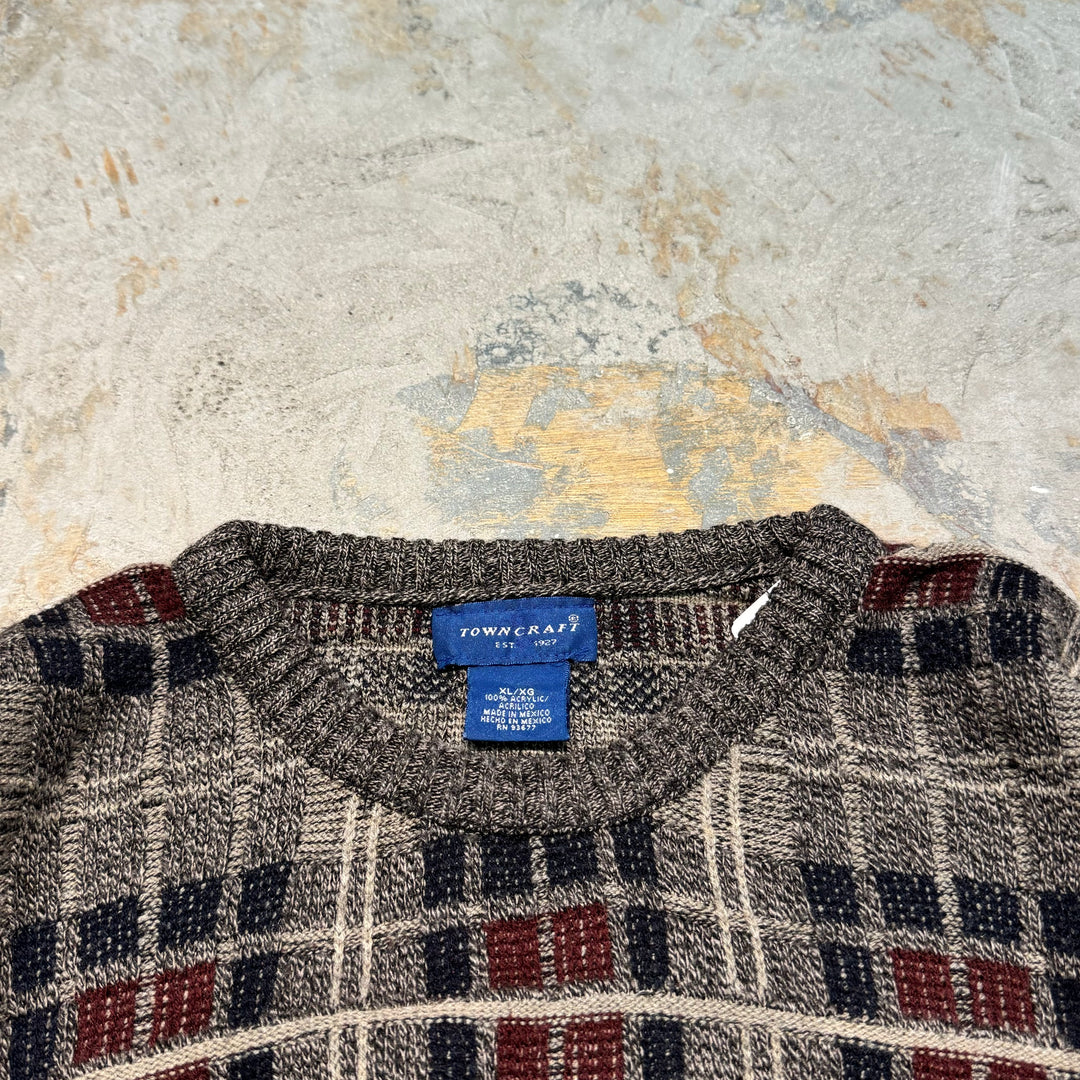 Used clothing TOWN CRAFT/Crew neck knit sweater/Check pattern/Size XL