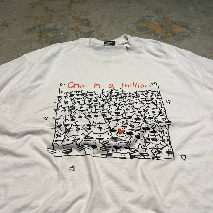 古着 USA製/90's/フルーツオブザルーム/ネコ/「100万人に1人」/ヴィンテージ シングルステッチ プリントTシャツ/サイズXL