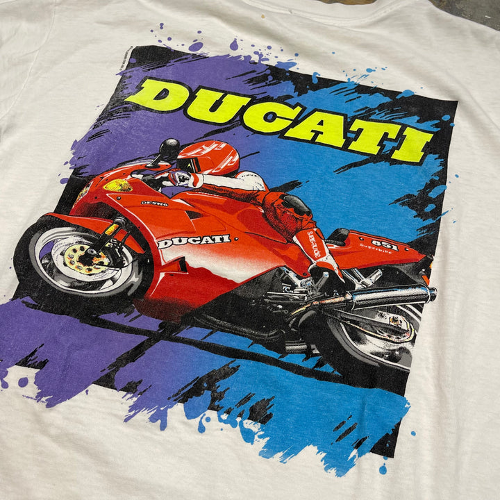 古着 91's TURN ONE/ターン ワン DUCATI 851 / オートバイ /ヴィンテージ シングルステッチ Tシャツ/サイズL-XL相当