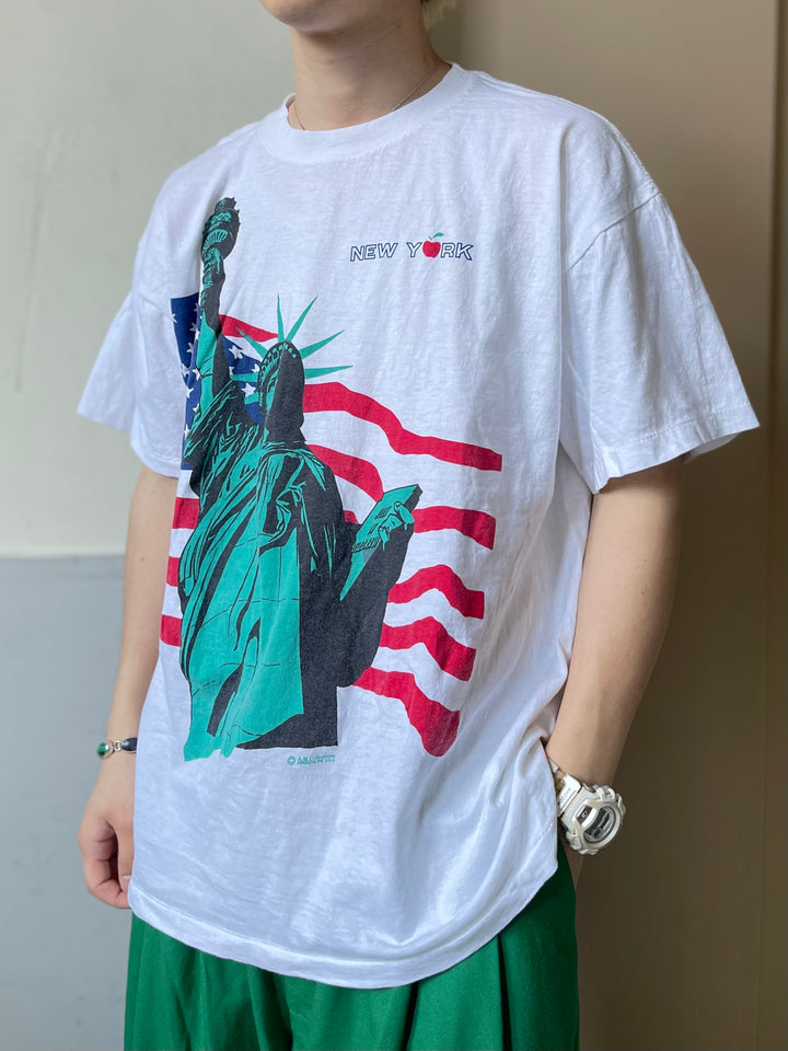 #4611 古着 90s 自由の女神プリント/NEW YORK/ヴィンテージ シングルステッチ スーベニア Tシャツ/サイズXL