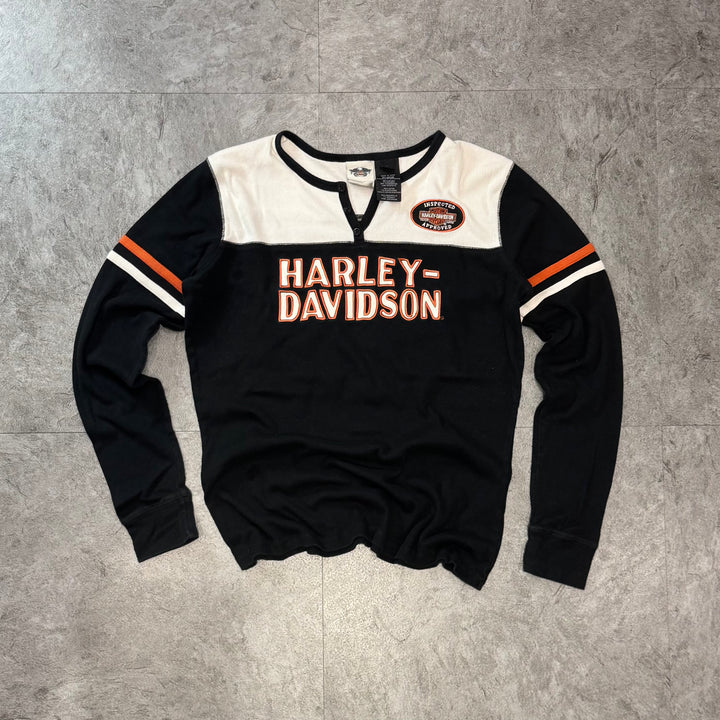 古着 Harley-Davidson ハーレーダビッドソン ロングスリーブプリントTシャツ ハーフボタン レディース Y2K サイズL