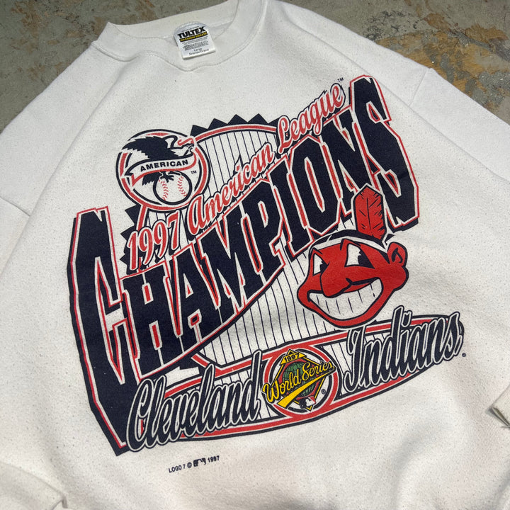 #3902 古着/97's TULTEX/タルテックス/Crew Neck Print Sweat Shirt/クルーネックプリントスウェット/1997 American League CHANPIONS/World Series/Indians /MLB/サイズL