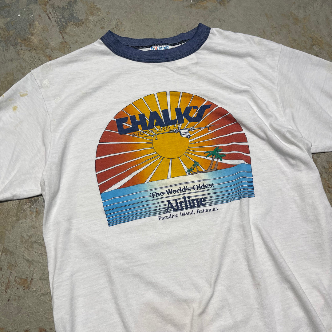 #4485 Used clothing 80's Hanes/Short sleeve Ringer t-shirt Tee/Short sleeve Ringer T-shirt/MADE IN USA/Size L