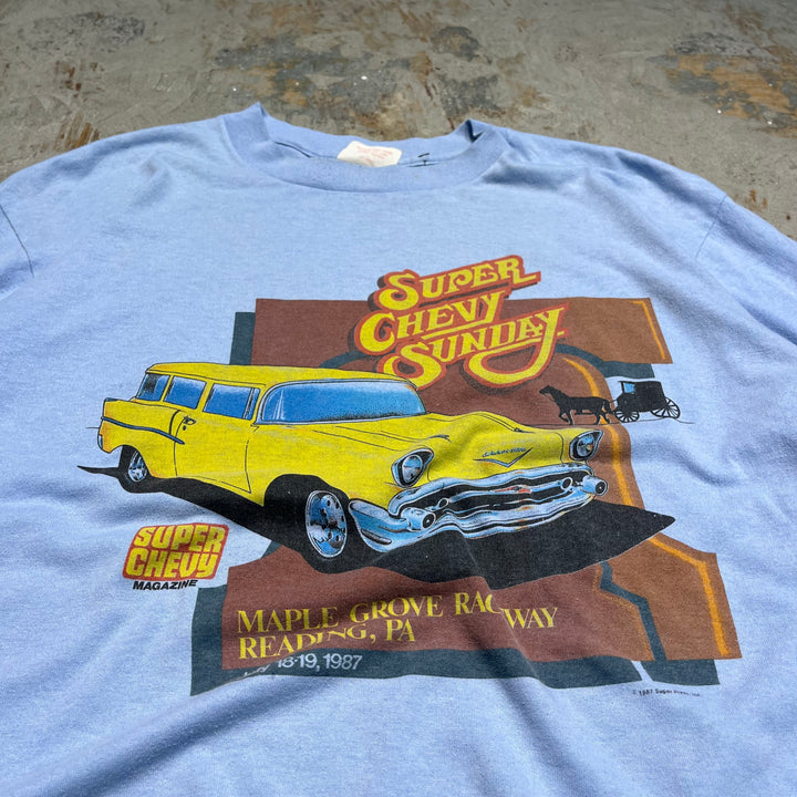 #4796 古着 USA製 87s super chevy magazine スーパーシェビーマガジン シボレー ローライダーマガジン/ヴィンテージ シングルステッチ Tシャツ/サイズXL