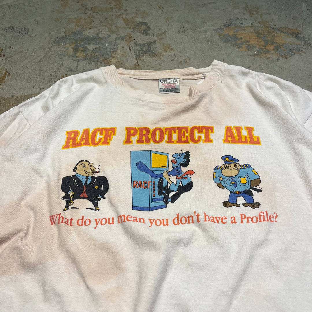 古着 USA製 90's オニータ/RACF PROTECT ALL/ヴィンテージ シングルステッチ プリントTシャツ/サイズXL