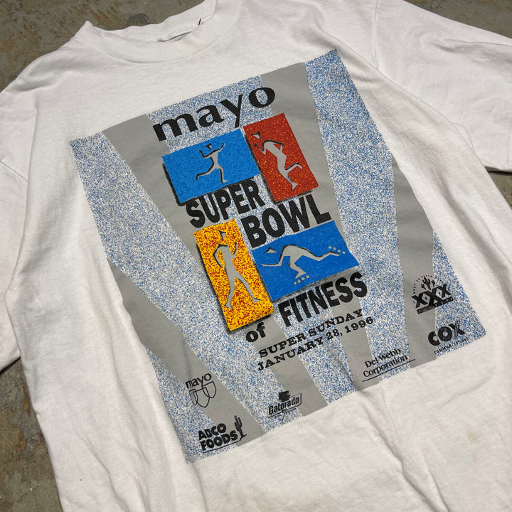 古着 USA製 90's USAVINTAGE / mayo surper bowl of fitness / マヨスーパーボウルフィットネス / ヴィンテージ シングルステッチ プリントTシャツ/サイズXL相当