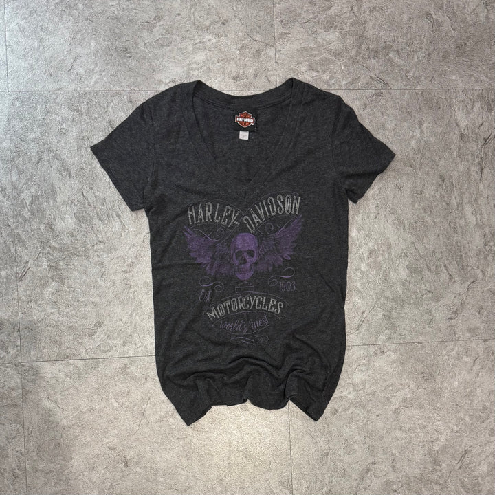 古着 Harley-Davidson ハーレーダビッドソン プリントTシャツ レディース Y2K Vネック サイズS