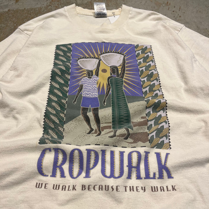 古着 90s USA製 クロップウォーク/民族/地球/環境/ヴィンテージ シングルステッチ プリント Tシャツ/サイズL