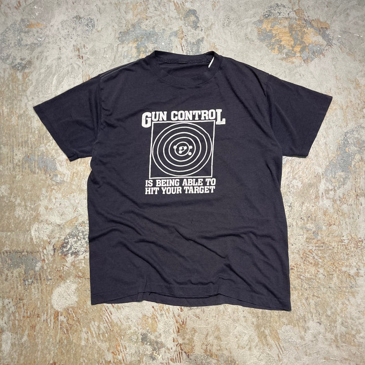 古着 80's~ GUN CONTROL/目標を達成できるかどうか/ ヴィンテージ シングルステッチプリントTシャツ/サイズL相当