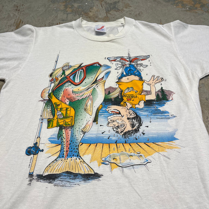 古着 91's JERZEES/ジャージーズ/FISHMAN?/釣り 魚/ヴィンテージ シングルステッチ プリントTシャツ/サイズM