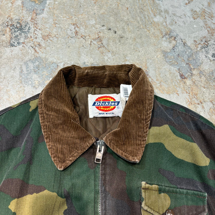 古着 USA製 80's DICKIES/ ディッキーズ/ ダック地 / 総柄フライトジャケット/ 襟コーデュロイ / 裏地キルティング/ ウッドランドカモフラージュ / サイズL