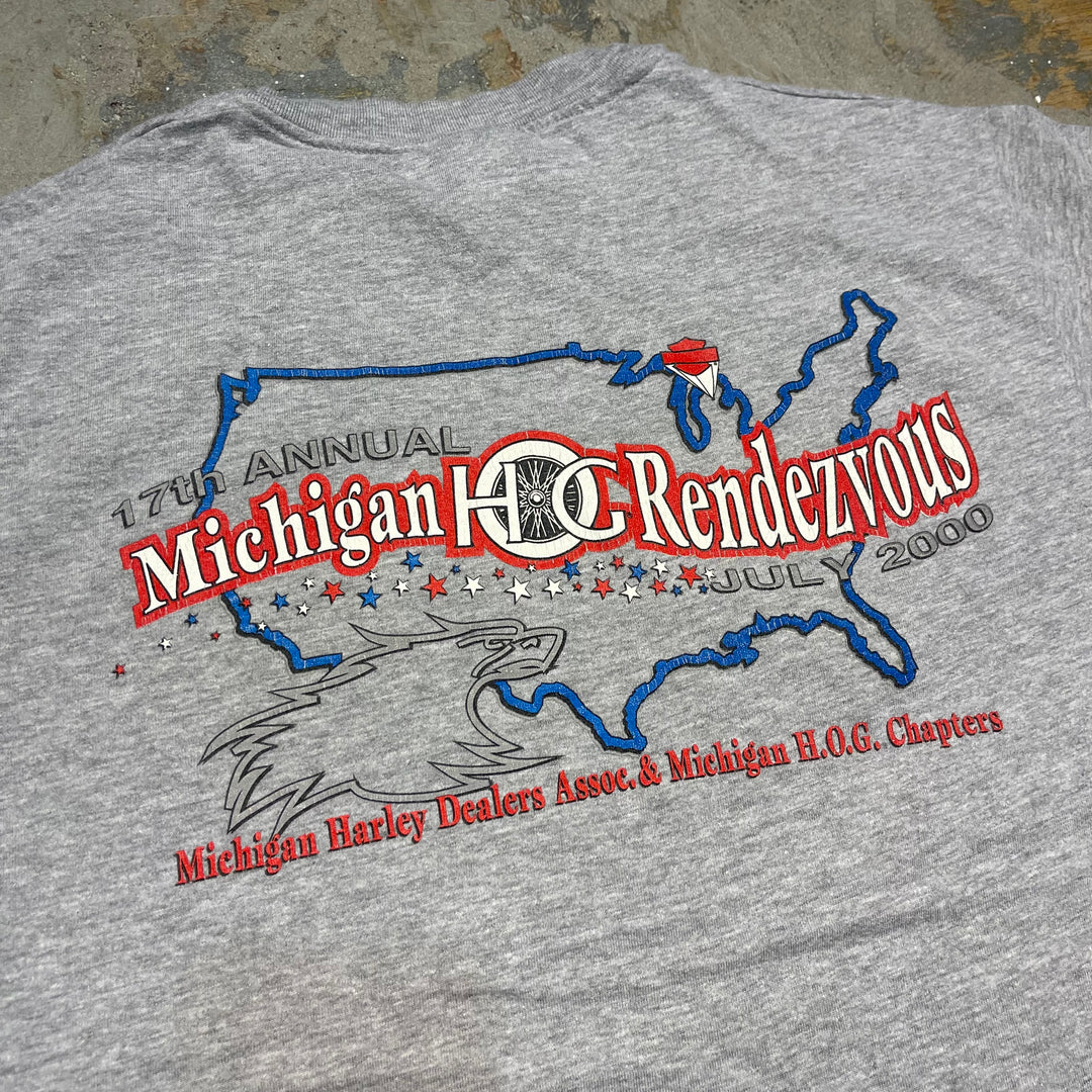 古着 USA製 Harley-Davidson/ハーレー ダビッドソン / 17th annual michigan rendezvous 2000 / 第17回 ミシガンランデブーストア / ミシガン州ハーレーディーラー協会&ミシガン州H.O.G.章 / プリントTシャツ / サイズM