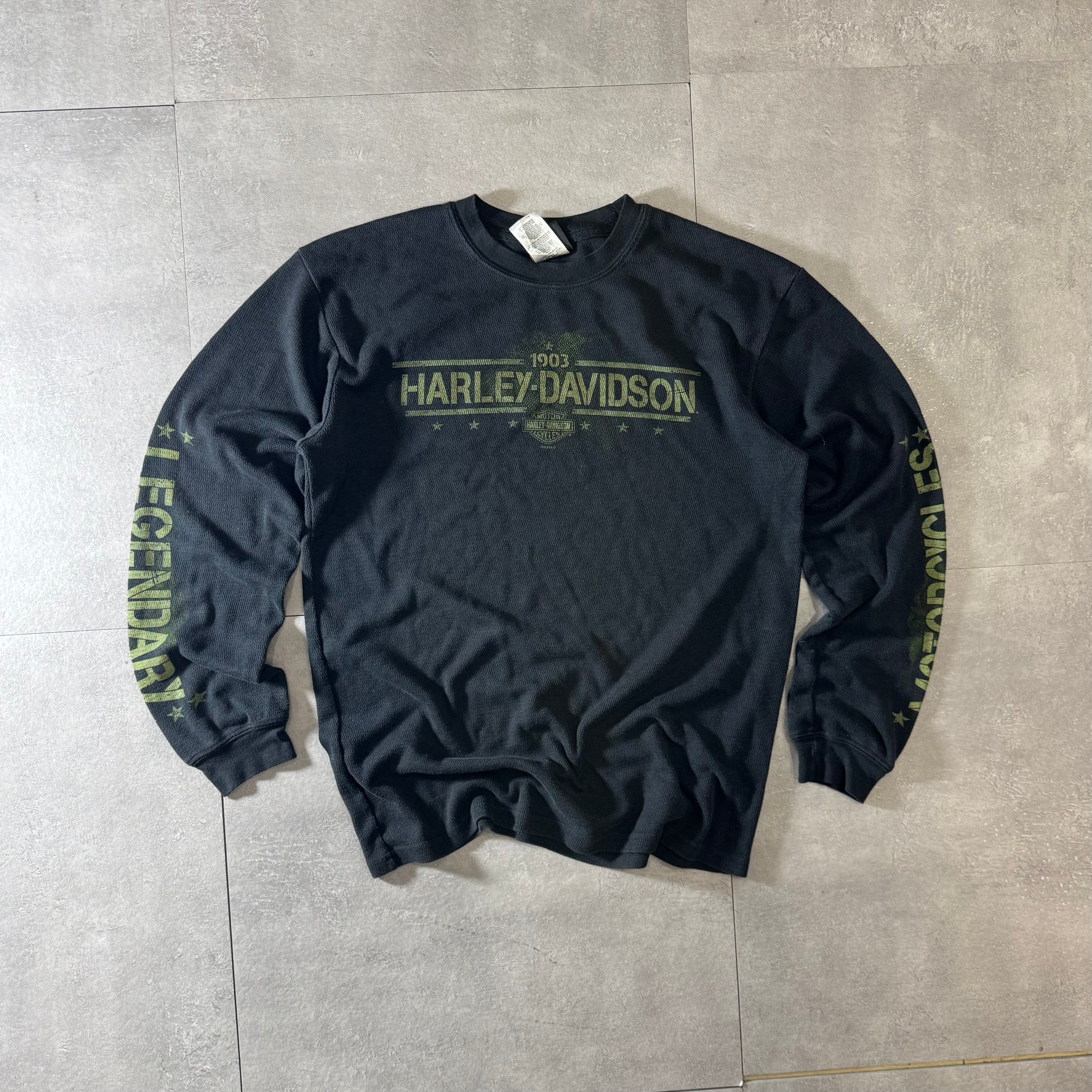 【USA製】ハーレーダビッドソン ワッフルロンT サーマル 黒 L 古着 USA製 Harley-Davidson ハーレーダビッドソン ロングスリーブ