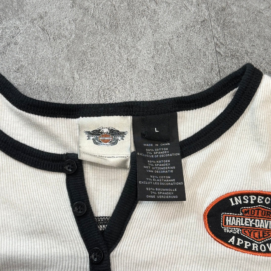 古着 Harley-Davidson ハーレーダビッドソン ロングスリーブプリントTシャツ ハーフボタン レディース Y2K サイズL