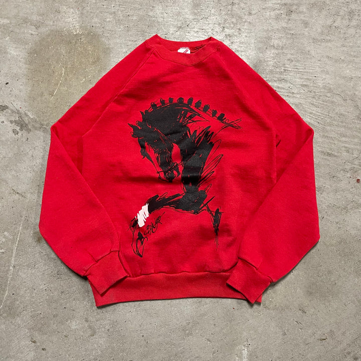 #4092 古着 80's JERZEES/ジャージーズ/Crew neck Art Sweat/クルーネックArt スウェット/B.Wyko Art Horse/MADE IN USA/ラグランスリーブ/サイズM