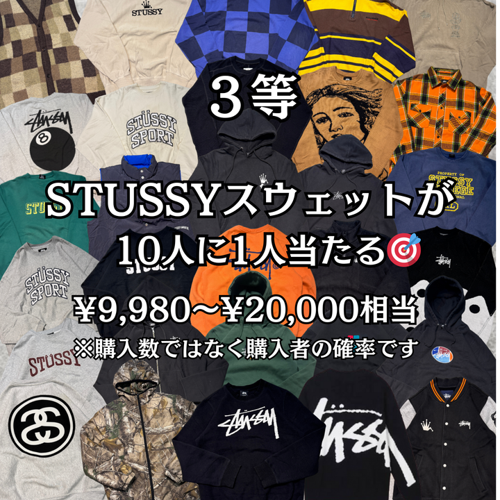 1回3,300円で10人に1人10,000円〜100,000相当のSTUSSYアイテムが当たる！古着ガチャ