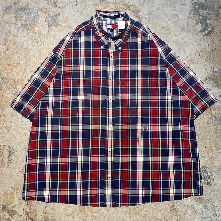 古着 TOMMY HILFIGER/ トミーヒルフィガー/ ボタンダウン半袖シャツ/ チェック柄/ リメイク/サイズL