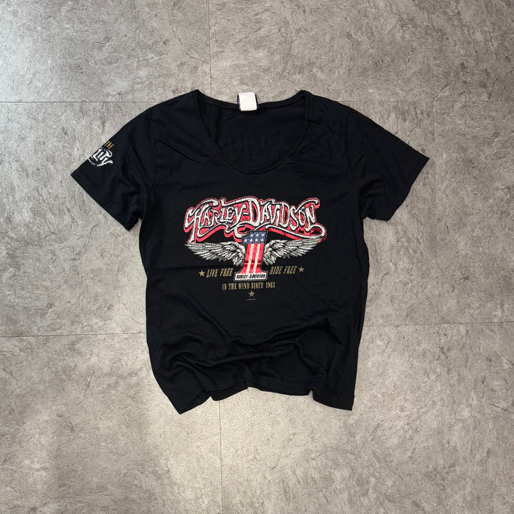 古着 Harley-Davidson ハーレーダビッドソン プリントTシャツ レディース Y2K Vネック サイズXL