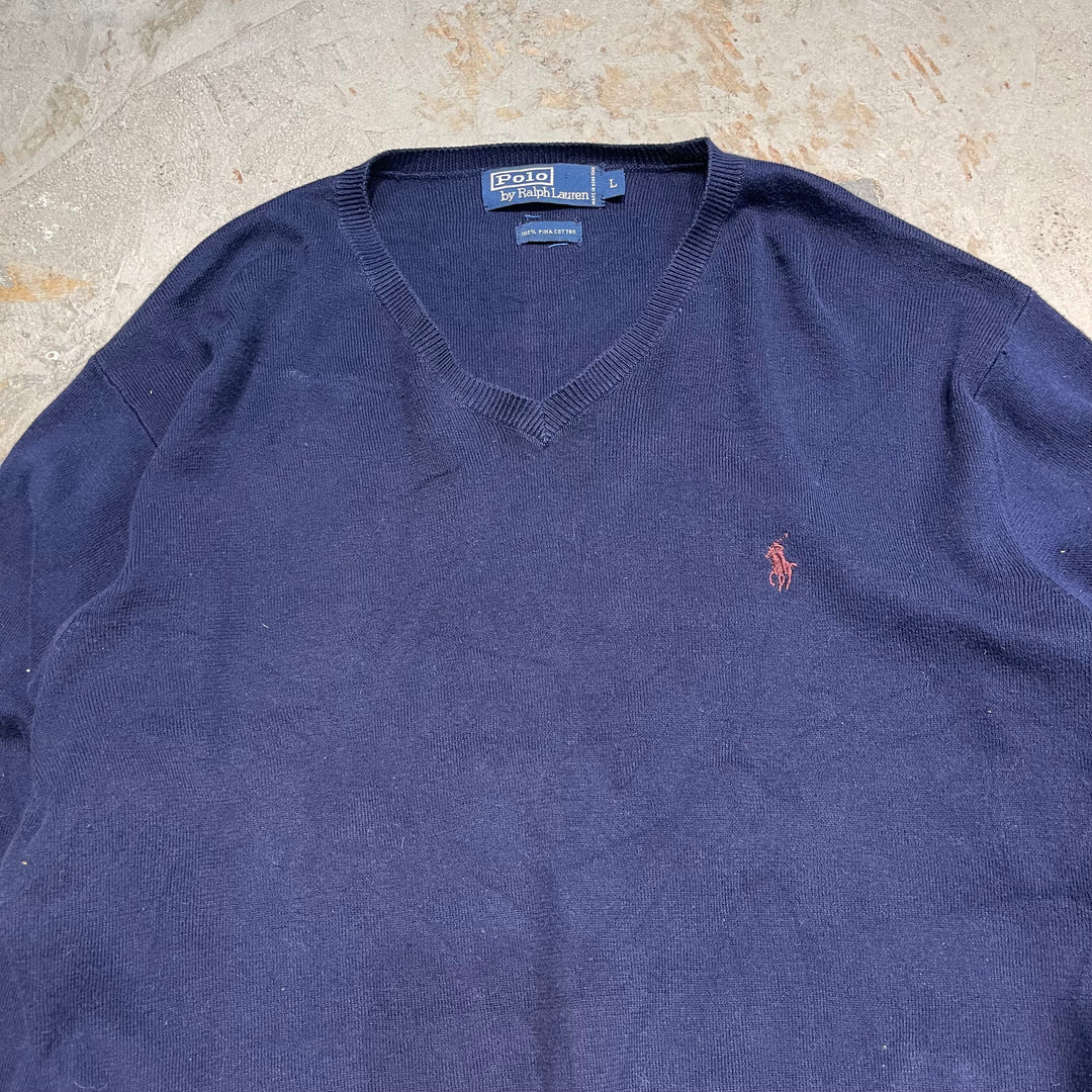 #3717 古着 POLO by Ralph Lauren/ラルフローレン / PIMA Cotton knit V Neck Sweatrer Shirts/ピマコットLンニットＶネックセーター/サイズL