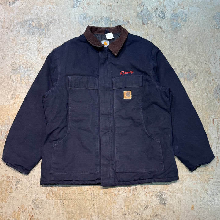 미국에서 만든 중고 의류 Carhartt/ 전통적인 코트/ 오리 직물/ 기업 로고/ 퀼트 안감/ 크기 XL