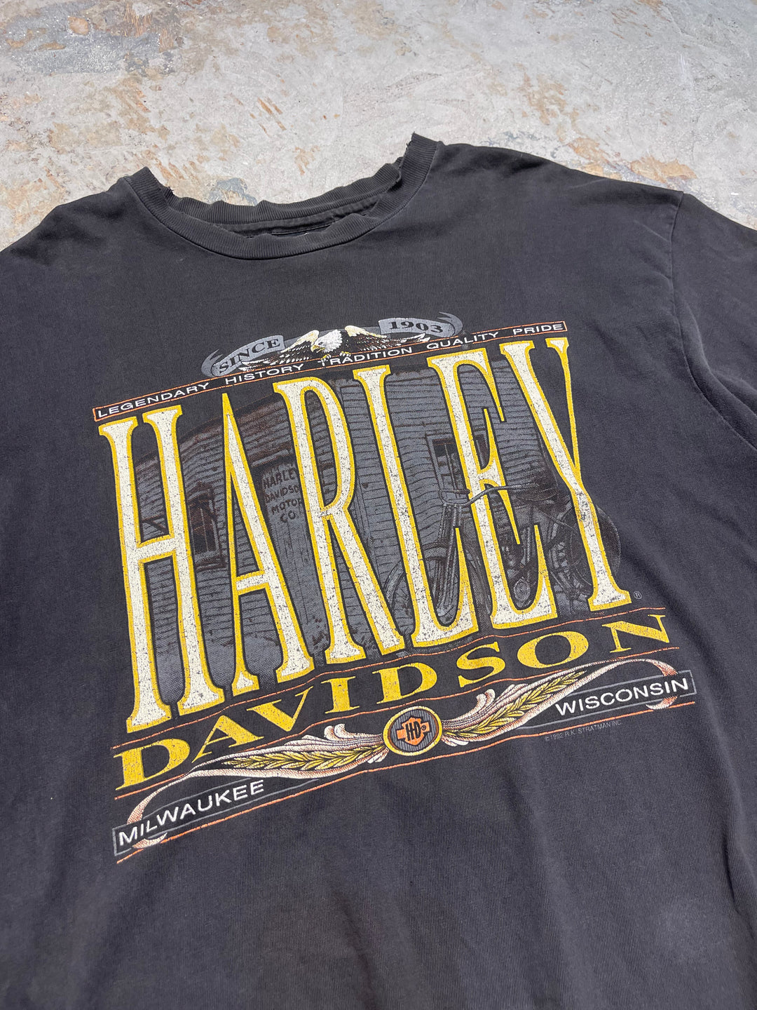 #MA162 古着 USA製 92's Harley-Davidson /ハーレー ダビッドソン / ウィスコンシン州 / シングルステッチ ヴィンテージ Tシャツ / サイズXL