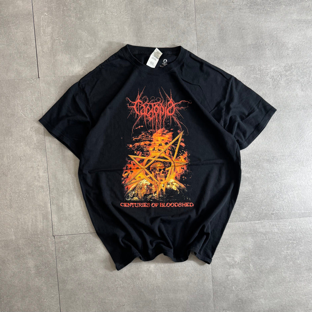 古着 Y2K GILDAN Fire skull プリントTシャツ サイズL