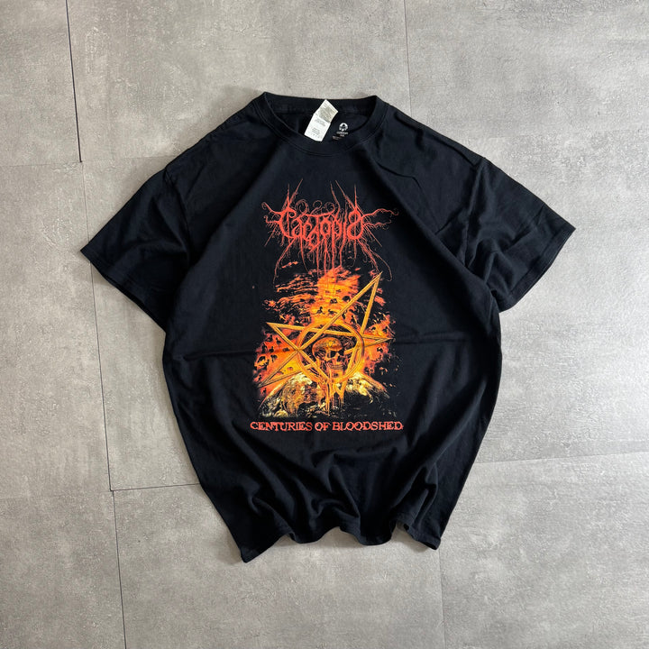 古着 Y2K GILDAN Fire skull プリントTシャツ サイズL