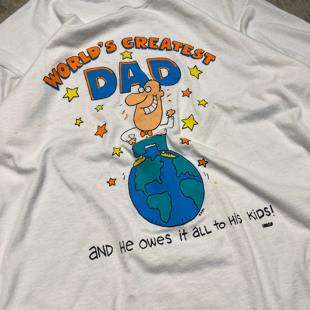 古着 世界最高のお父さん/"and he owes it all to his kids!"/ヴィンテージ シングルステッチ プリントTシャツ/サイズ2XL相当