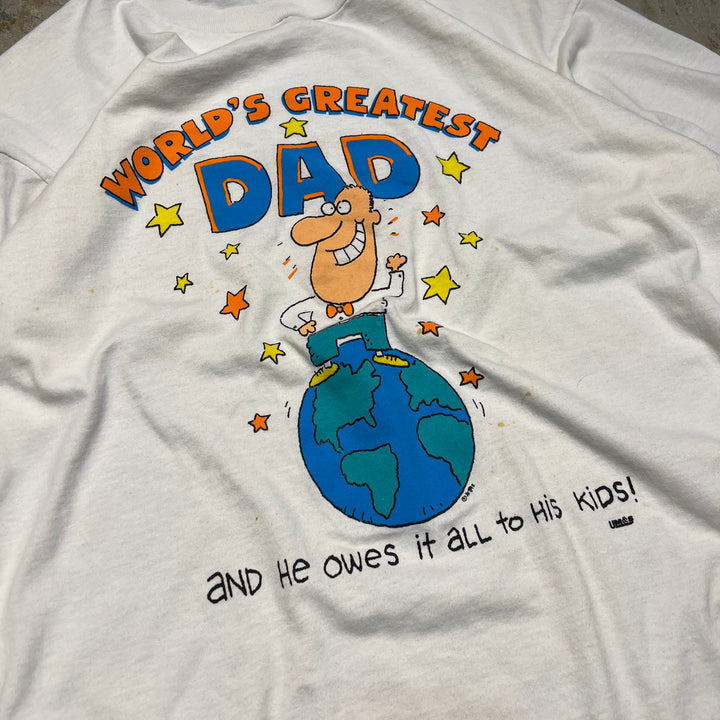 古着 世界最高のお父さん/"and he owes it all to his kids!"/ヴィンテージ シングルステッチ プリントTシャツ/サイズ2XL相当