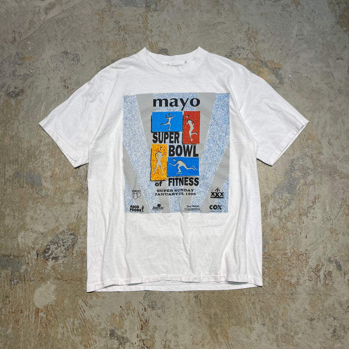 古着 USA製 90's USAVINTAGE / mayo surper bowl of fitness / マヨスーパーボウルフィットネス / ヴィンテージ シングルステッチ プリントTシャツ/サイズXL相当