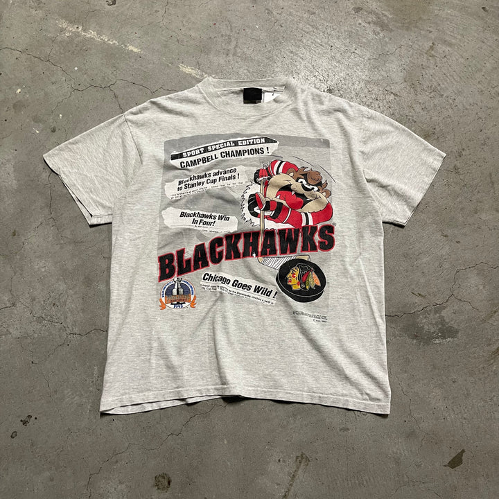 古着 USA製 NHL/ブラックホークス/スタンレーカップ決勝/ヴィンテージ シングルステッチ プリントTシャツ/サイズXL