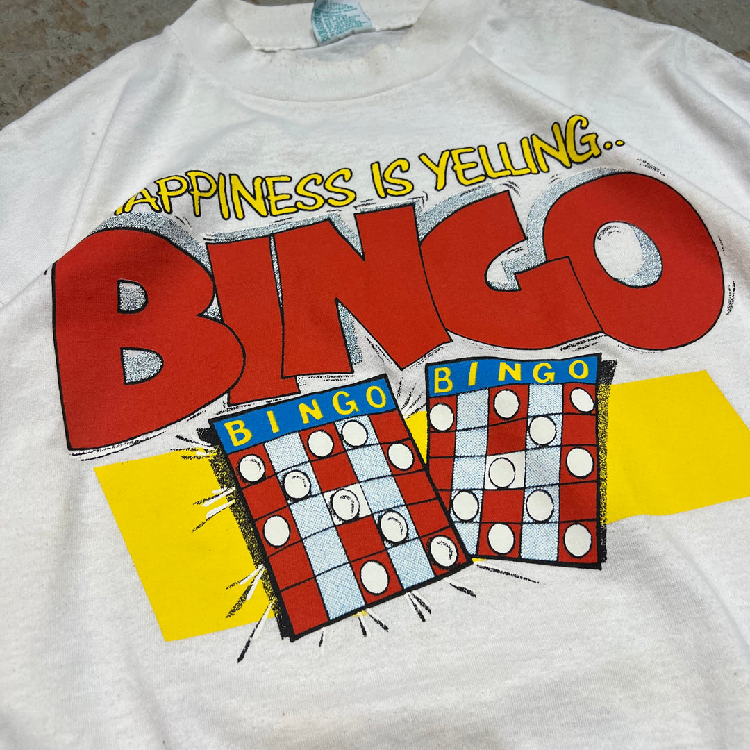 #4809 古着 /USA製/HPPINESS IS YELLING BINGO ビンゴ 企業系/ヴィンテージ シングルステッチ Tシャツ/サイズXL