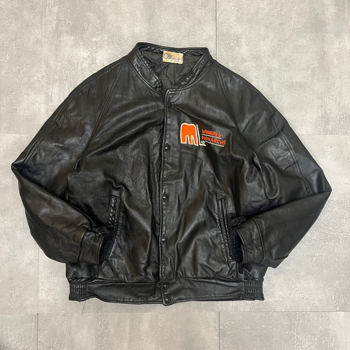 #1873 Unknow 古着/Leather Varsity Jacket/レザースタジャン/刺繍/サイズXL相当