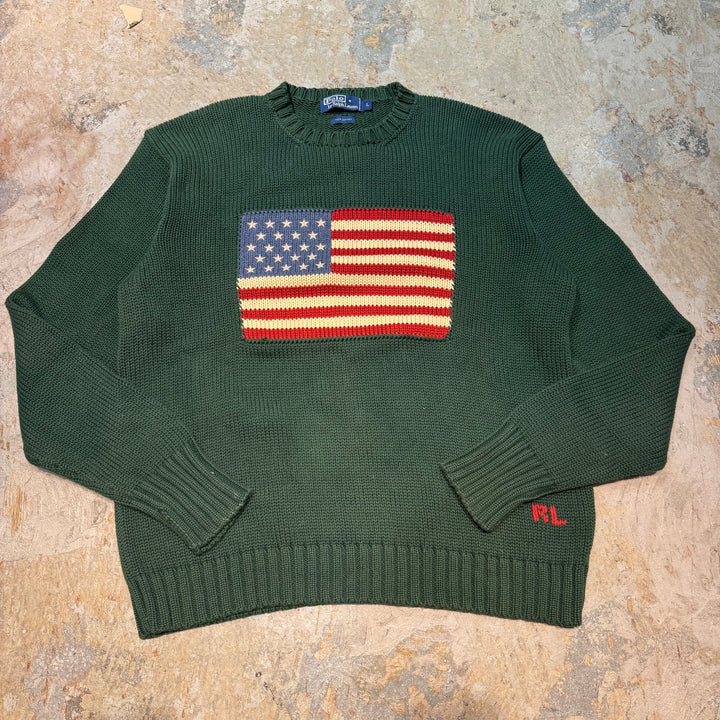 古着 POLO by Ralph Lauren/ ポロ バイ ラルフローレン/  クルーネックニットセーター/アメリカ国旗/ サイズL