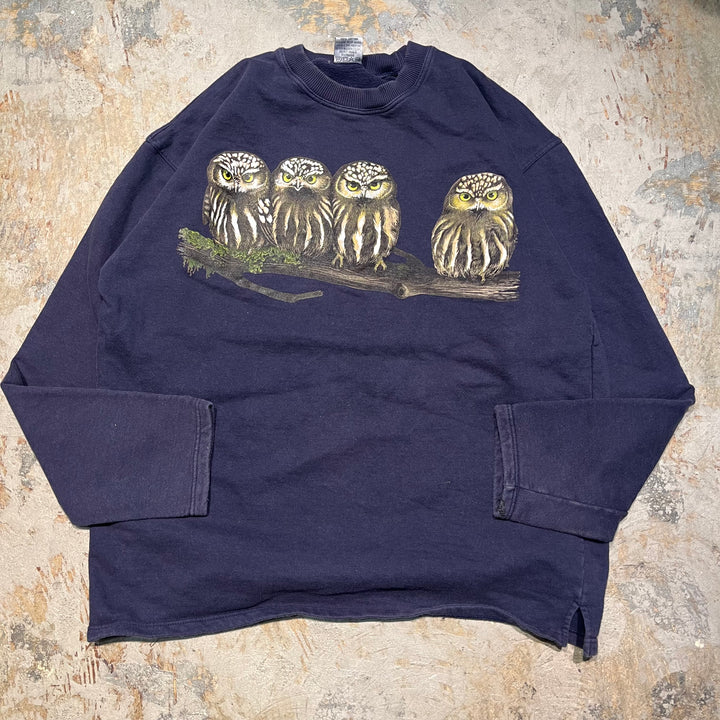 #4090 古着 Unknow/Crew neck  Animal Print Sweat/クルーネックアニマルプリントスウェット/フクロウ/サイズXL