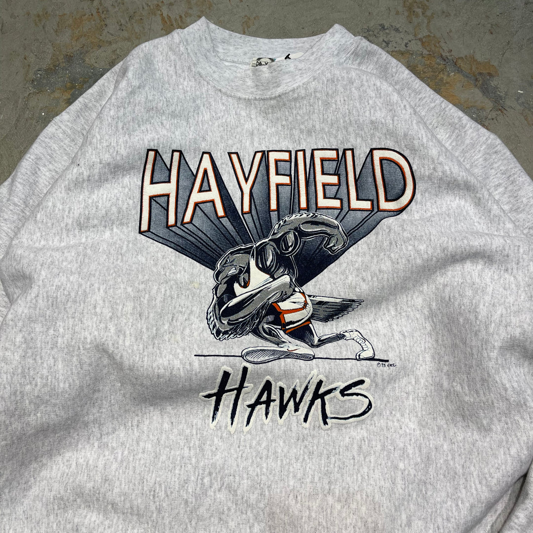 #4121 古着 Unknow/Crew Neck Print Sweat/クルーネックプリントスウェット/HAYFIELD/HAWKS/サイズL