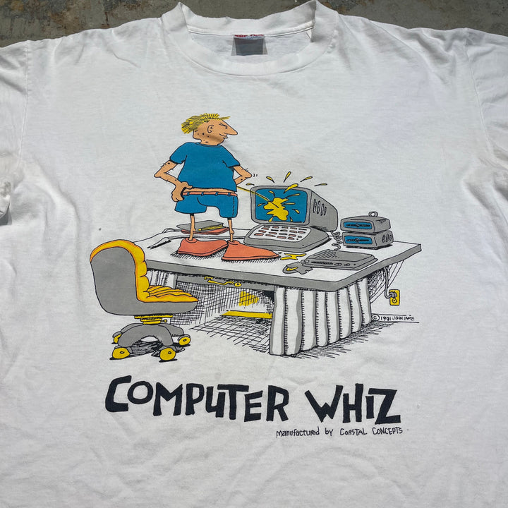 古着 USA製 COMPUTER WHIZ/コンピューターの達人/ヴィンテージ シングルステッチ プリントTシャツ/サイズXL