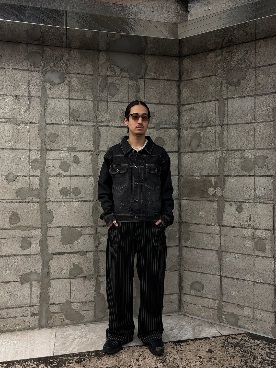 ベイカータックパンツ/ワイドストレートパンツ（ストライプ）