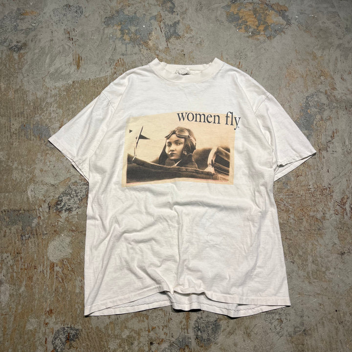 古着 90s オニータ/women fly "Amelia Earhart"/ヴィンテージ シングルステッチ プリントTシャツ/サイズL