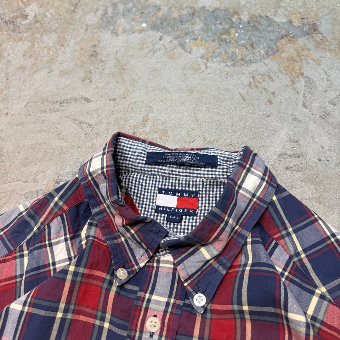 古着 TOMMY HILFIGER/ トミーヒルフィガー/ ボタンダウン半袖シャツ/ チェック柄/ リメイク/サイズL