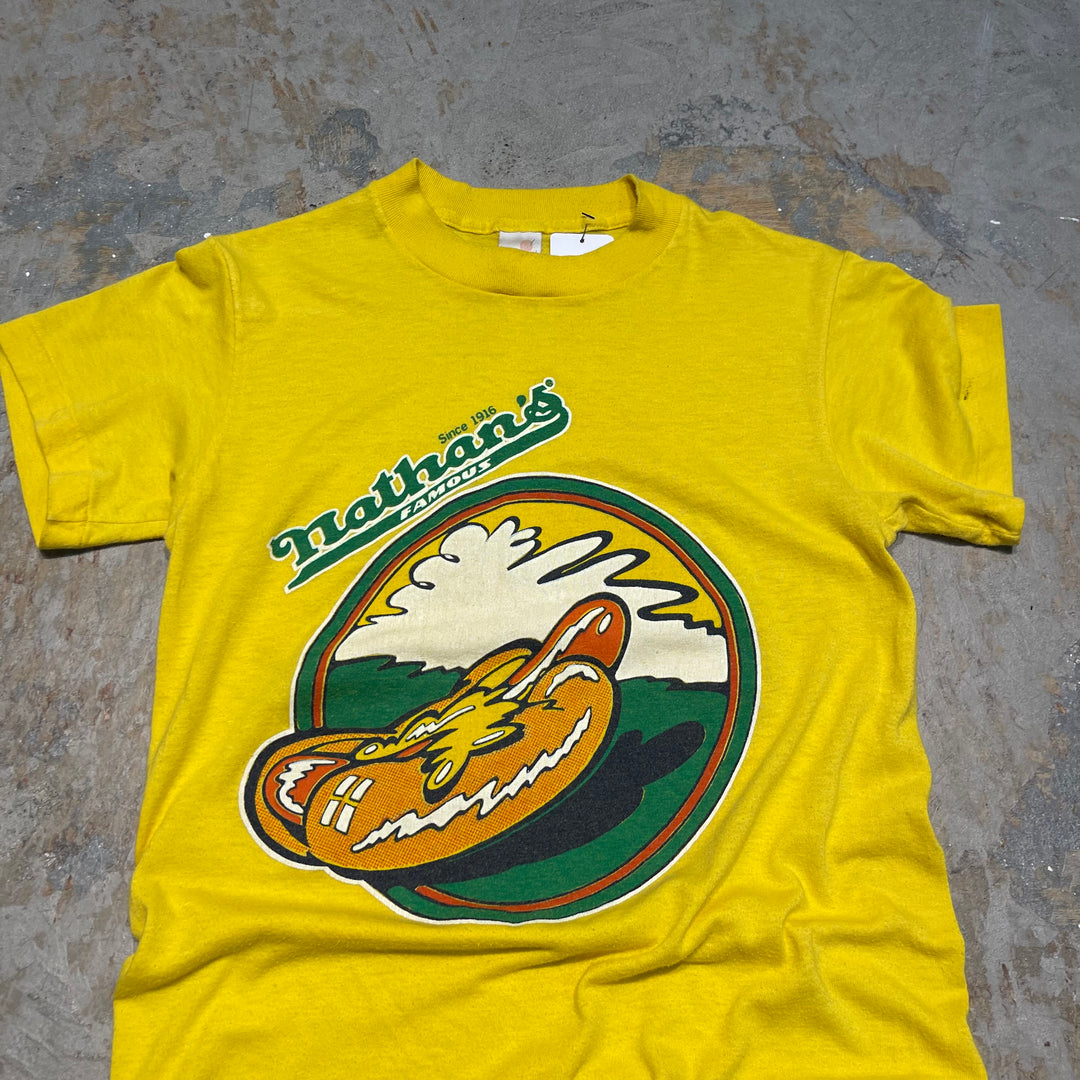 #4642 古着 ネイサンズ/Nathans’s famous/ホットドッグチェーン店/ヴィンテージ シングルステッチ Tシャツ/サイズS